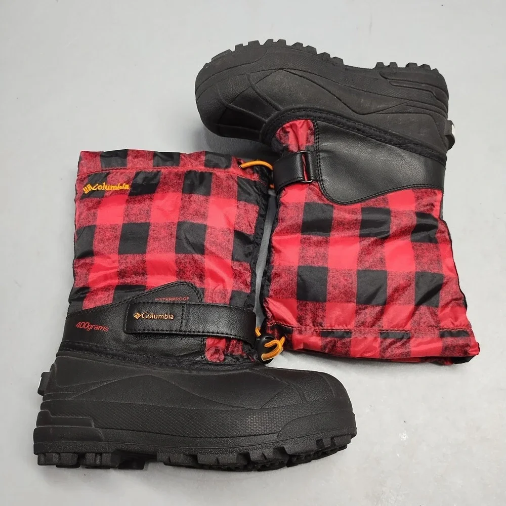 Columbia Powderbug Plus II Snow Boots Kids US 1 Red Black Checkered Waterproof